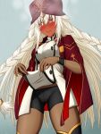  1girl bike_shorts black_legwear black_shorts blush braid breasts cape cowboy_shot dark_skin embarrassed eyebrows_visible_through_hair fate/grand_order fate_(series) full-face_blush hair_between_eyes hasebe_akira lakshmibai_(fate/grand_order) long_hair medium_breasts red_cape red_eyes red_headwear shirt shirt_lift shorts side_braids solo steaming_body tears thighhighs turban twin_braids very_long_hair white_hair white_shirt 