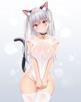  1girl animal_ear_fluff animal_ears bare_arms bell black_choker blush breasts cat_ears cat_girl cat_tail choker closed_mouth collarbone commentary_request cowboy_shot gradient gradient_background head_tilt highres jingle_bell large_breasts long_hair looking_at_viewer naked_shirt original red_eyes see-through shimashima08123 shirt shirt_pull short_sleeves silver_hair skindentation solo standing tail thick_thighs thighs two_side_up wet wet_clothes wet_shirt white_shirt 