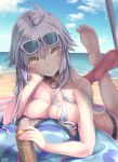  1girl ahoge bangs beach beach_mat beach_umbrella bikini black_bikini blue_sky blush bottle breasts choker cleavage cloud collarbone crossed_ankles day eyebrows_visible_through_hair eyewear_on_head fate/grand_order fate_(series) feet feet_up hair_between_eyes head_tilt highres holding holding_bottle jeanne_d&#039;arc_(alter_swimsuit_berserker) jeanne_d&#039;arc_(fate)_(all) kudou_maimu large_breasts long_hair looking_at_viewer lotion lying o-ring o-ring_bikini ocean on_stomach outdoors red_legwear signature silver_hair single_thighhigh sky solo sunglasses swimsuit thighhighs tinted_eyewear toes twitter_username umbrella untied untied_bikini very_long_hair yellow_eyes 