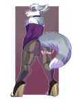  anthro balls_outline blush canid canine clothed clothing crossdressing footwear hi_res hidden_vibrator high_heels lavenderpandy looking_back male mammal sex_toy shoes solo standing tight_clothing vibrator 
