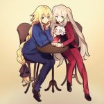  2girls :d black_ribbon black_vest blonde_hair blue_eyes blue_jacket blue_pants blue_suit braid brown_footwear chair chin_rest cosplay cravat cup eyebrows_visible_through_hair fate/apocrypha fate/grand_order fate_(series) formal gyakuten_saiban hair_ribbon hand_on_own_chin highres holding holding_cup jacket jeanne_d&#039;arc_(fate) jeanne_d&#039;arc_(fate)_(all) long_braid long_hair marie_antoinette_(fate/grand_order) mitsurugi_reiji mitsurugi_reiji_(cosplay) multiple_girls naruhodou_ryuuichi naruhodou_ryuuichi_(cosplay) necktie no-kan open_clothes open_jacket open_mouth pants purple_eyes red_jacket red_neckwear red_pants red_suit ribbon shoes silver_hair simple_background sitting smile suit suit_jacket table teacup twintails vest white_neckwear yellow_background 