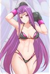  1girl armpits arms_up bikini blush boxing_gloves breasts closed_mouth collarbone commission cowboy_shot fate/grand_order fate_(series) forehead forehead_tattoo grey_bikini groin highres large_breasts long_hair looking_at_viewer medusa_(lancer)_(fate) navel nonoririn pink_eyes purple_hair solo sparkle straight_hair sweat swimsuit tattoo thighhighs underboob very_long_hair zoom_layer 