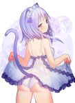  1girl animal_ear_fluff animal_ears ass bangs bare_arms bare_shoulders blush breasts cat_ears cat_girl cat_tail closed_mouth commentary_request eyebrows_visible_through_hair floral_background flower hair_flower hair_ornament highres looking_at_viewer looking_back maid_headdress medium_breasts original panties purple_eyes purple_flower purple_hair rk_(rktorinegi) see-through solo tail tail_raised underwear white_background white_panties 