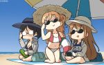  3girls bag beach beach_umbrella bikini black_bikini black_hair blonde_hair blue_sky blue_swimsuit bob_cut braid brown_hair commentary_request crescent dated french_braid gradient_sky grey_headwear grey_jacket hat highres hood hooded_jacket hoodie innertube jacket kantai_collection kirishima_(kantai_collection) long_hair mochizuki_(kantai_collection) multiple_girls nintendo_switch school_uniform short_hair sky smile sunglasses swimsuit translation_request two-tone_bikini umbrella wavy_hair x_navel zara_(kantai_collection) 