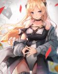  1girl :d ass_visible_through_thighs bangs bare_shoulders black_dress black_legwear blonde_hair blue_eyes blush braid breasts choker cleavage collarbone cowboy_shot dress eyebrows_visible_through_hair fingers_together floating_hair girls_frontline groin hair_ornament highres jewelry k5_(girls_frontline) large_breasts leotard long_hair looking_at_viewer medium_breasts off_shoulder open_clothes open_dress open_mouth pot-palm ring sidelocks skindentation smile solo thighhighs wedding_ring white_leotard 