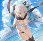  1girl ahoge bare_arms bare_shoulders bikini black_legwear black_scarf blue_sky breasts brown_eyes cleavage closed_mouth cloud commentary_request fate/grand_order fate_(series) half_updo haori hayashi_kewi highleg highleg_bikini holding holding_sword holding_weapon japanese_clothes katana koha-ace large_breasts looking_at_viewer navel ocean okita_souji_(alter)_(fate) okita_souji_(fate)_(all) outdoors rope scarf sheath sheathed short_hair silver_hair sky smile solo stomach sunlight swimsuit sword thighhighs thighs water weapon white_bikini 