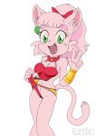  anthro breasts camel_toe cleavage clothed clothing domestic_cat felid feline felis female fur green_eyes hair hi_res kandlin mammal meeya open_mouth pink_fur pink_hair simple_background solo white_background 