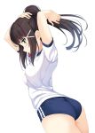  1girl arms_up ass blue_buruma breasts brown_hair buruma green_eyes gym_shirt gym_shorts gym_uniform hair_ornament hairclip highres hino_minato_(spec.c) kurosawa_dia long_hair love love_live! love_live!_sunshine!! ponytail shirt shorts solo white_shirt 