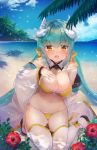  1girl aqua_hair aqua_kimono beach bikini blue_sky bow breasts day dragon_girl dragon_horns fate/grand_order fate_(series) flower frilled_bikini frills hair_bow hand_on_own_chest highres horns japanese_clothes kimono kiyohime_(fate/grand_order) kiyohime_(swimsuit_lancer)_(fate) large_breasts looking_at_viewer nanahachi navel ocean open_clothes open_kimono open_mouth outdoors palm_tree red_flower sandals sky solo swimsuit thighhighs tree white_legwear wide_sleeves yellow_bikini yellow_bow yellow_eyes 