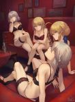  4girls ahoge arm_support artoria_pendragon_(all) bangs bare_shoulders black_bra black_panties blonde_hair blue_eyes blue_ribbon blush bow bow_bra bra braid breasts cleavage collarbone couch crossed_arms crossed_legs crown_braid elbow_rest expressionless eyebrows_visible_through_hair fate/grand_order fate/stay_night fate_(series) green_eyes groin hair_between_eyes hair_ribbon half-closed_eyes hand_on_own_cheek head_tilt highres indoors jeanne_d&#039;arc_(alter)_(fate) jeanne_d&#039;arc_(fate) jeanne_d&#039;arc_(fate)_(all) jewelry large_breasts leaning_forward leg_garter long_hair looking_at_viewer mashuu_(neko_no_oyashiro) medium_breasts multiple_girls navel necklace panties parted_lips photo_(object) picture_frame red_bra removed ribbon ribbon-trimmed_bra saber saber_alter short_hair sidelocks single_braid sitting smile stomach table tareme thighs twitter_username underwear underwear_only vase very_long_hair yellow_eyes 