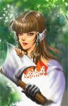  1girl axe brown_eyes brown_hair commentary_request gloves highres leaf lipstick long_hair makeup primiera_(saga) saga saga_frontier_2 solo weapon 