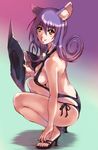  animal_ears blair breasts cat_ears feet hat high_heels hisahiko long_hair medium_breasts purple_hair shoes sideboob slingshot_swimsuit smile solo soul_eater squatting swimsuit witch_hat yellow_eyes 