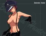  bad_id bad_pixiv_id bakuretsu_hunters blue_eyes breasts chocolate_misu copyright_name garrote gloves grey_background hair_over_one_eye hat large_breasts naked_suspenders open_fly piano_wire red_hair revealing_clothes sahare serious short_hair solo suspenders topless unzipped 