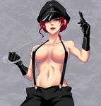  bad_id bad_pixiv_id bakuretsu_hunters breasts chocolate_misu garrote gloves grey_background happyswing4529 hat large_breasts lipstick makeup naked_suspenders red_hair revealing_clothes solo suspenders topless 