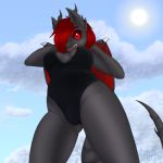  black_scales breasts clothed clothing gynomorph hi_res horn intersex open_mouth razgriz_darkheart red_eyes scales scalie smile solo swimwear unknown_artist wings 
