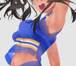  arm_up armpits black_hair blue_shirt blue_skirt breasts cheerleader floaitng_hair grey_background highres large_breasts long_hair midriff murakami_suigun navel original shirt sidelocks simple_background skirt sleeveless sleeveless_shirt swat 