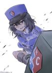  1girl angry bangs bc_freedom_(emblem) bc_freedom_military_uniform black_hair blue_headwear blue_jacket blue_vest brown_eyes dark_skin emblem girls_und_panzer ground_vehicle hat high_collar jacket long_sleeves marronglace_bc medium_hair military military_vehicle motor_vehicle shako_cap simple_background solo tank teeth vest white_background 