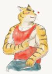  &lt;3 blush bulge clothing eyebrows felid hi_res jeck male mammal morenatsu muscular muscular_male nipples pantherine pecs shirt smile tank_top thick_eyebrows tiger topwear torahiko_(morenatsu) undressing 