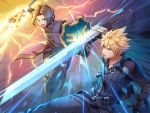  2boys blonde_hair blue_eyes brown_hair buster_sword cloud_strife company_connection dragon_quest dragon_quest_xi earrings final_fantasy final_fantasy_vii final_fantasy_vii_advent_children gloves green_eyes hero_(dq11) hood jewelry male_focus multiple_boys open_mouth shield short_hair spiked_hair square_enix super_smash_bros. sword torio_(mocd1985) weapon 