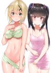  2girls akatsuki_kirika amasora_taichi ass_visible_through_thighs bangs bare_arms bare_shoulders black_hair blush bow bra breasts cleavage closed_mouth collarbone commentary_request dress eyebrows_visible_through_hair green_bra green_eyes green_shorts groin hair_between_eyes hair_bow hair_ornament highres light_brown_hair long_hair medium_breasts multiple_girls navel pink_bow pink_dress red_eyes see-through senki_zesshou_symphogear short_shorts shorts shorts_pull simple_background sleeveless sleeveless_dress smile thigh_gap tsukuyomi_shirabe twintails underwear v-shaped_eyebrows very_long_hair white_background 