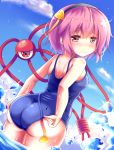  1girl adjusting_clothes adjusting_swimsuit alternate_costume ass blue_sky blush breasts cloud day dutch_angle eyebrows_visible_through_hair from_behind frown hair_between_eyes hair_ornament hairband heart heart_hair_ornament komeiji_satori looking_at_viewer looking_back old_school_swimsuit outdoors pink_eyes pink_hair school_swimsuit short_hair shoulder_blades sky small_breasts solo standing swimsuit touhou unory wading water water_drop wet 