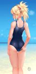  1girl absurdres adjusting_clothes adjusting_swimsuit aqua_eyes ass bare_arms bare_shoulders blonde_hair blue_sky blue_swimsuit choukoukou_no_diaosi commentary_request day fate/grand_order fate_(series) fingernails highres long_hair looking_at_viewer looking_back mordred_(fate) mordred_(fate)_(all) ocean one-piece_swimsuit outdoors ponytail school_swimsuit shiny shiny_clothes shiny_skin signature sky solo swimsuit tan tanline thighs tied_hair water 