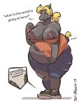  2019 anthro big_breasts blonde_hair blue_eyes bottomwear breasts clothing common_hippopotamus dialogue female hair hippopotamid huge_breasts jeans mammal navel nipples overweight pants ponytail simple_background solo surprise tail-blazer torn_clothing transformation weighing_scale white_background 