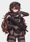  1girl brown_hair bullpup commentary cowboy_shot girls_frontline gloves goggles gun helmet holster js_9_(girls_frontline) long_hair looking_at_viewer military military_uniform needle persocon93 rainbow_six_siege red_eyes rifle simple_background solo thigh_holster trigger_discipline uniform very_long_hair weapon 