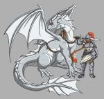  armor clothed clothing dragon duo full-length_portrait fully_clothed grey_scales headgear helmet hi_res mammal melee_weapon membrane_(anatomy) membranous_wings portrait rakkuguy scales scalie size_difference sword weapon wings 
