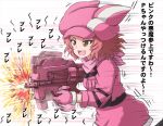  1girl afterimage animal_ears animal_hat brown_eyes bullpup bunny_ears commentary cosplay firing girls_und_panzer gloves gun hat highres holding holding_weapon jacket llenn_(sao) llenn_(sao)_(cosplay) long_sleeves medium_hair motion_blur motion_lines omachi_(slabco) open_mouth p-chan_(p-90) p90 pink_gloves pink_headwear pink_jacket pink_scarf red_hair rosehip running scarf smile solo stand standing submachine_gun sword_art_online sword_art_online_alternative:_gun_gale_online translated weapon 