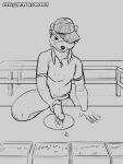  2019 anthro bodily_fluids clothed clothing cum digital_media_(artwork) domestic_ferret food fur genital_fluids hair hi_res humanoid_penis kitchen looking_at_viewer male mammal monochrome mustela mustelid musteline partially_clothed penis public rinzy simple_background sketch solo 