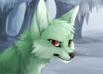  2016 ambiguous_gender black_lips black_nose canid canine detailed_background digital_media_(artwork) feral fox green_hair hair hi_res lips looking_at_viewer mammal red_eyes reysi solo teeth 