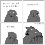  1:1 4koma black_nose border canid canine canis comic dialogue domestic_dog english_text fur grey_fur jimmy_craig mammal pawpads scratching simple_background solo text theycantalk white_background white_border 