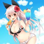  1girl :d bangs bare_arms bare_shoulders bendy_straw bikini bikini_under_clothes black_bikini blue_sky blush breasts butterfly_hair_ornament cleavage cloud collarbone cup day drink drinking_glass drinking_straw etna_(kuzuyu) eyebrows_visible_through_hair flower food fruit groin hair_between_eyes hair_flower hair_ornament hibiscus holding holding_cup holding_food ice ice_cream ice_cream_float ice_cube komori_kuzuyu large_breasts leaning_forward lemon lemon_slice long_hair navel open_clothes open_fly open_mouth open_shorts original outdoors popsicle red_eyes red_flower short_shorts shorts silver_hair sky smile solo swimsuit very_long_hair white_shorts 
