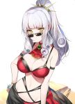  1girl alternate_costume armlet bare_shoulders bikini breasts carmilla_(fate/grand_order) choker commentary_request cravat curly_hair eyebrows_visible_through_hair eyes_visible_through_hair fate/grand_order fate_(series) fingernails groin hairband hand_on_hip highres hime_cut large_breasts long_fingernails luse_maonang navel ponytail simple_background solo summertime_mistress_(fate/grand_order) sunglasses swimsuit white_background white_hair yellow_eyes 