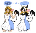 2015 4_breasts animal_humanoid anthro before_and_after blonde_hair blush bovid bovid_humanoid bovine bovine_humanoid breasts cattle cattle_humanoid clothing dress english_text female hair hand_on_tail hazel_(madamsquiggles) horn humanoid humanoid_to_anthro madamsquiggles mammal mammal_humanoid multi_breast nipple_outline simple_background solo text transformation white_background 
