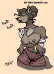  2017 anthro blush bodily_fluids bottomwear breasts brown_hair camel_toe canid canine canis clothing ear_piercing ear_ring female hair looking_at_viewer mammal nipples open_mouth piercing post_transformation short_hair shorts simple_background solo sweat tail-blazer torn_clothing wolf 