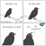  1:1 4koma ambiguous_gender arthropod avian bird black_feathers border butterfly comic corvid corvus_(genus) crow english_text feathers insect jimmy_craig lepidopteran simple_background text theycantalk white_background white_border 