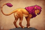  2019 anchee anus balls brown_fur digital_media_(artwork) felid feral fur hair lion male mammal pantherine penis purple_hair smile solo 