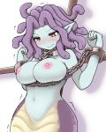  1girl aqua_skin areolae blush breasts collar copyright_request forehead gorgon hands_up large_breasts lavender_hair medium_hair metal_collar navel nipples rmtwo simple_background sketch_eyebrows solo sweatdrop trembling upper_body w_arms wavy_mouth white_background 