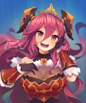  1girl artist_name bare_shoulders black_gloves blush breasts cleavage commentary detached_sleeves dragalia_lost english_commentary eyebrows_visible_through_hair fang fur_trim gloves hand_in_hair heart highres large_breasts long_hair looking_at_viewer mym_(dragalia_lost) open_mouth orange_eyes red_hair signature smile solo upper_body very_long_hair watermark yokura_(yukilina) 