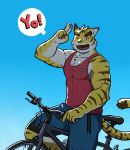  bike_(disambiguation) bottomwear clothing eyebrows felid jeck male mammal morenatsu muscular muscular_male one_eye_closed pantherine pecs shirt shorts smile tank_top text thick_eyebrows tiger topwear torahiko_(morenatsu) wink 