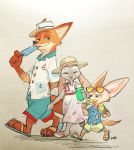  2019 anthro barefoot bottomwear canid canine clothed clothing disney dress eyes_closed eyewear female fennec finnick food footwear fox fur hat hawaiian_shirt headgear headwear holding_object judy_hopps lagomorph leporid licking male mammal mortic_ox nick_wilde open_mouth open_smile orange_fur popsicle rabbit sandals shirt shorts simple_background size_difference smile summer sunglasses tongue tongue_out topwear walking zootopia 