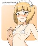  1girl bangs bikini blonde_hair blunt_bangs blush breasts commentary cutlass_(girls_und_panzer) embarrassed eyebrows_visible_through_hair frown girls_und_panzer looking_at_viewer maid_headdress micro_bikini open_mouth orange_background outside_border rebirth42000 rounded_corners short_hair small_breasts solo swimsuit twitter_username upper_body white_bikini yellow_eyes 