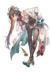  1girl aqua_footwear bangs bare_shoulders belt blush breasts brown_hair brown_legwear cleavage closed_mouth coat cosplay djeeta_(granblue_fantasy) djeeta_(granblue_fantasy)_(doctor) djeeta_(granblue_fantasy)_(doctor)_(cosplay) dress flower granblue_fantasy grey_dress hair_between_eyes hair_flower hair_ornament hands_in_pockets highres kakage labcoat large_breasts leaning_forward long_hair looking_at_viewer necktie open_clothes open_coat pantyhose purple_eyes red_neckwear rose rosetta_(granblue_fantasy) shoes sidelocks sleeveless sleeveless_dress smile solo stethoscope thigh_strap very_long_hair white_coat 