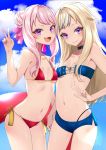  2girls blonde_hair blush breasts collarbone commentary_request himehina_channel holding_hands looking_at_viewer multiple_girls navel open_mouth pink_hair purple_eyes shorts small_breasts suzuki_hina swimsuit tanaka_hime v virtual_youtuber 