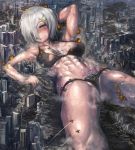  1girl abs aircraft battle bikini black_bikini blue_eyes blush breasts breasts_apart cityscape destruction explosion fallen_down giantess hair_ornament hair_over_one_eye hairclip half-closed_eyes hamakaze_(kantai_collection) kantai_collection light_smile lying medium_breasts muscle muscular_female on_back short_hair silver_hair size_difference solo sweat swimsuit thick_thighs thighs torn_bikini yilx 