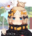  1girl abigail_williams_(fate/grand_order) absurdres artist_request bangs belt black_bow blue_eyes blurry blurry_background blush bow commentary_request dated fate/grand_order fate_(series) hair_bow hair_bun highres holding holding_balloon looking_at_viewer orange_bow parted_bangs polka_dot polka_dot_bow smile solo yellow_belt 