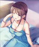 1girl :0 arm_up armpits bangs bare_arms bare_shoulders bed bed_frame bed_sheet blush breasts brown_eyes brown_hair cleavage collarbone eyebrows_visible_through_hair idolmaster idolmaster_cinderella_girls indoors large_breasts lingerie long_hair mifune_miyu negligee on_bed one_eye_closed open_mouth shiroi_yuumi sidelocks sitting sitting_on_bed sunlight underwear waking_up 