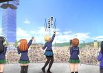  4girls ahoge arm_up black_footwear black_hair black_legwear blonde_hair blue_coat blue_skirt blue_sky blue_sweater blurry blurry_background braid brown_hair clapping cloud cloudy_sky commentary crowd darjeeling day depth_of_field dress_shirt from_behind girls_und_panzer green_skirt hands_together highres holding holding_microphone isuzu_hana loafers microphone miniskirt motion_lines multiple_girls nishizumi_miho omachi_(slabco) ooarai_(ibaraki) ooarai_marine_tower ooarai_school_uniform orange_hair outdoors pantyhose pleated_skirt school_uniform shirt shoes skirt sky socks st._gloriana&#039;s_school_uniform standing sweater takebe_saori thighhighs tied_hair translated twin_braids white_shirt 